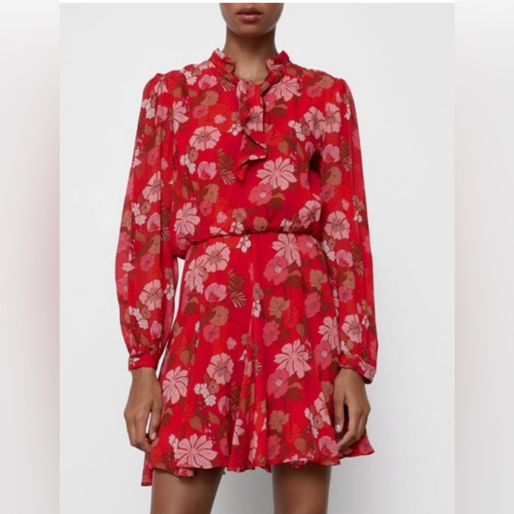 Zara Red Floral Tie-Neck Mini Dress with Pink Accents